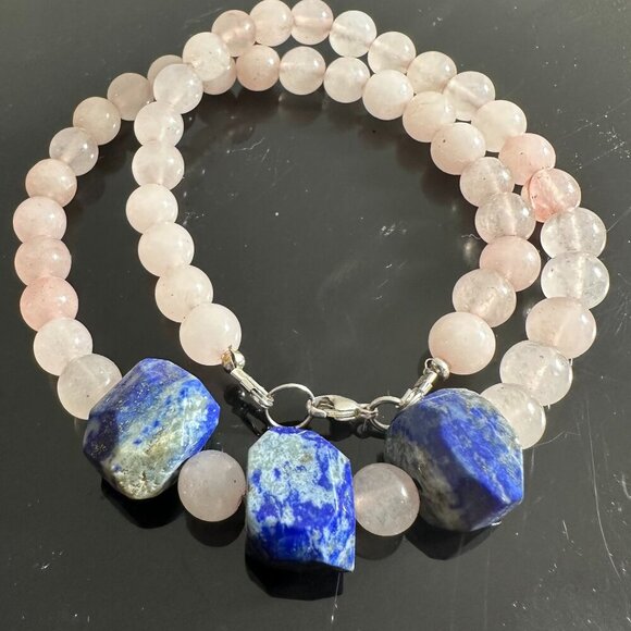 Genuine Lapis Lazuli Rose Quartz Pendant Necklace Handmade Silver Choker Gif - Picture 1 of 9